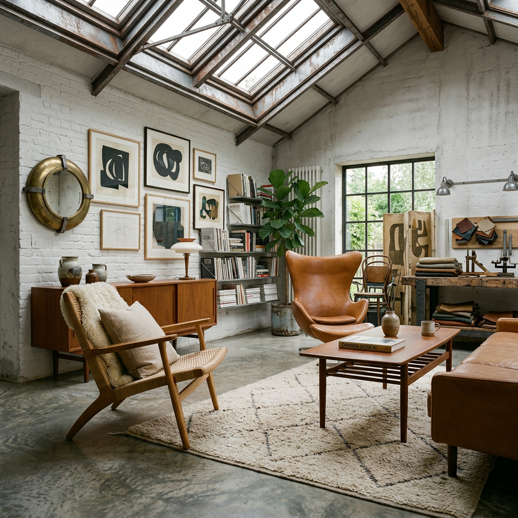 Living room with midcentury modern wooden chair, leather armchair, wooden coffee table, and large window with garden view