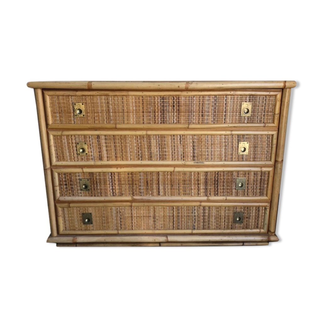 Commode rotin et bambou signée Dal Vera 4 tiroirs